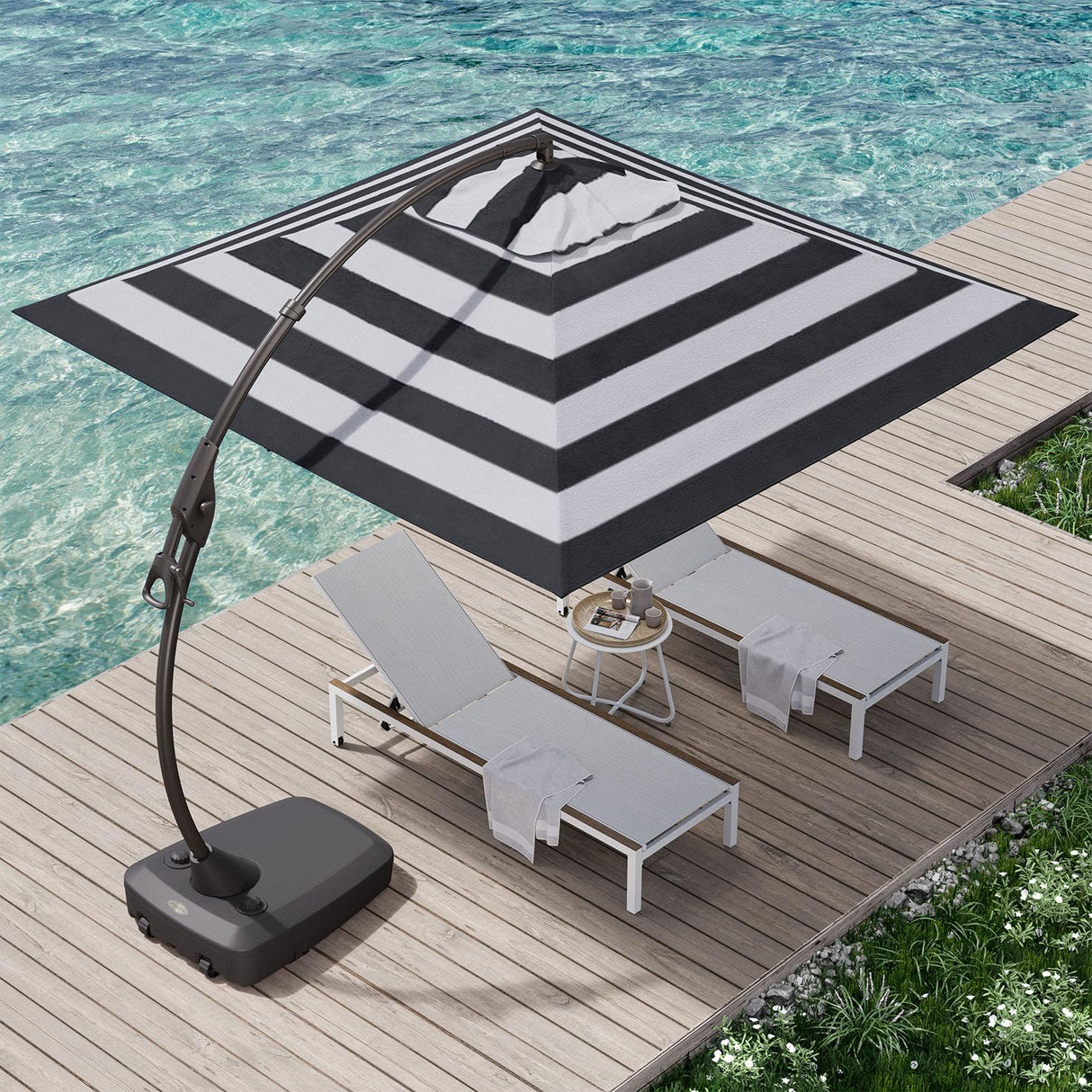 10'x10' Patio Offset Umbrella Aluminum Large Square Cantilever Umbrella with Base Included for Deck Porch (Black & White,