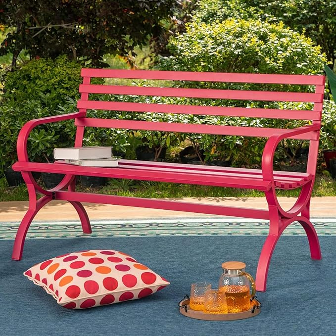 Outdoor Garden Bench, 48” Long Metal Steel Bench with Backrest and Armrests