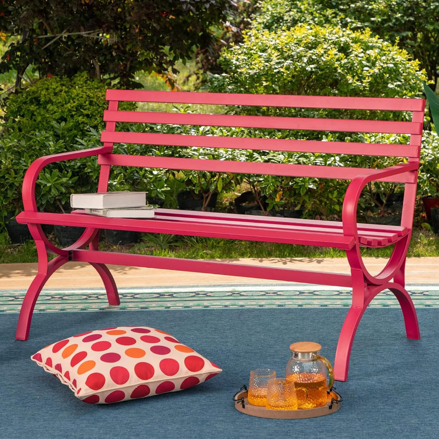 Outdoor Garden Bench, 48” Long Metal Steel Bench with Backrest and Armrests