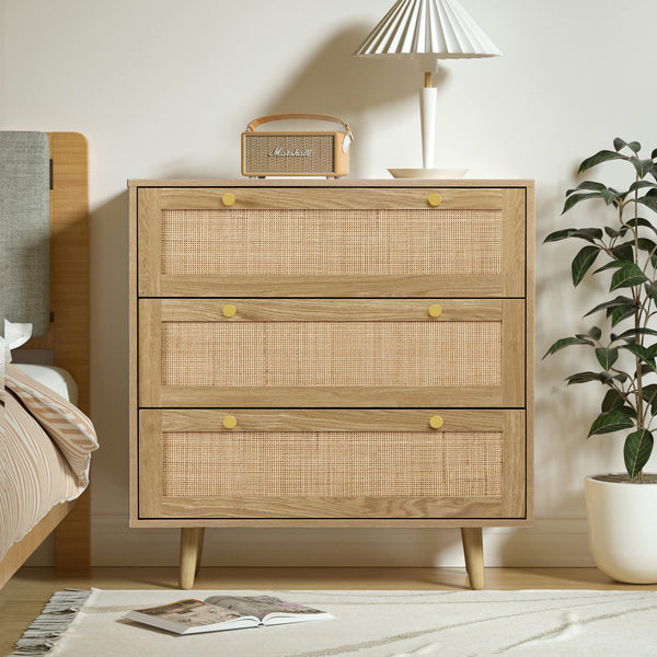 3 Drawer Dresser for Bedroom, Rattan Dresser Modern Wood Chest of Drawers