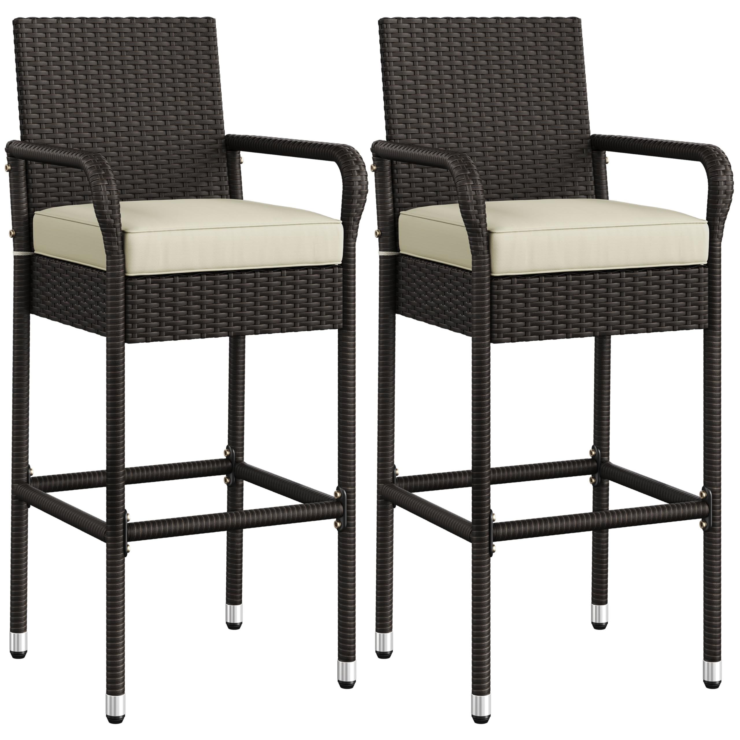 Outdoor Bar Stools Set of 2, Patio Wicker Chairs with Armrests