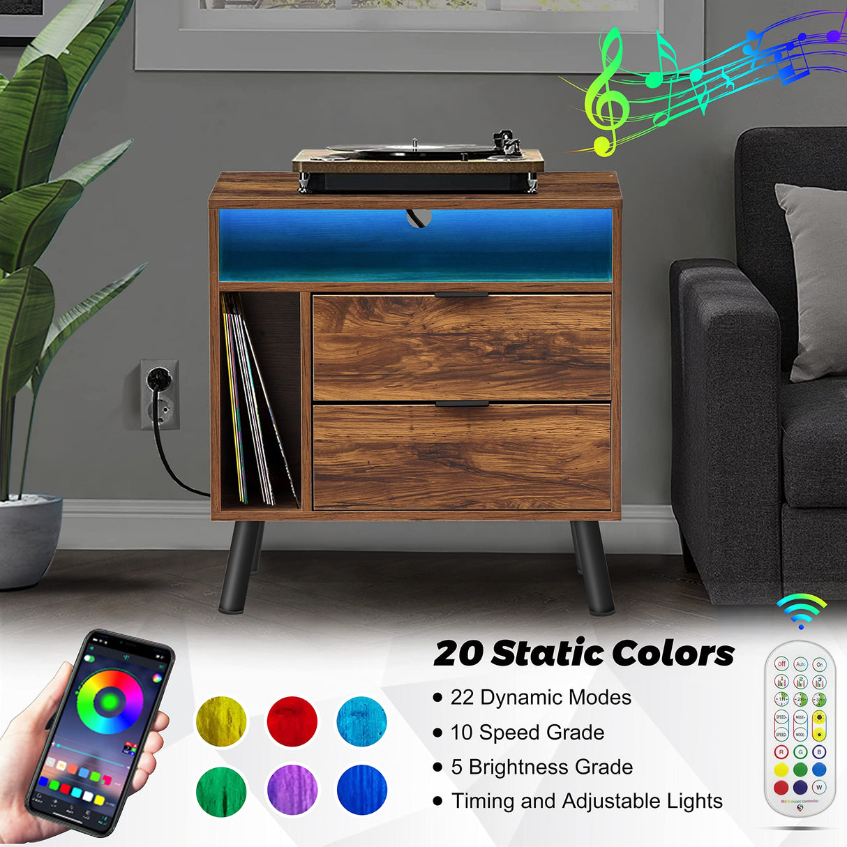 Side Table with Charging Station and LED Lights, Sofa End Table with USB Ports