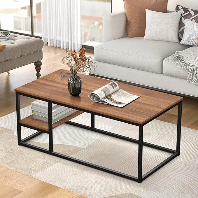 Coffee Table, Living Room Table, Coffee Table with Steel Frame and Shelves