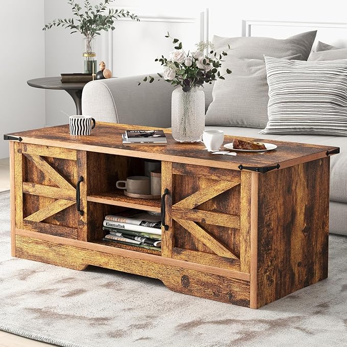 Coffee Table with Barn Doors, Farmhouse Center Table with Storage, Modern Rustic Style