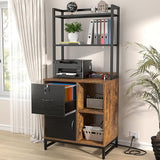 Filing Cabinet with Lock & Charging Station, Large Drawer Wood File Cabinet with Bookshelf, Printer