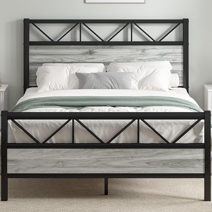 Industrial 51.2" Tall Headboard, King Platform Bed Frame with Heavy Duty Metal