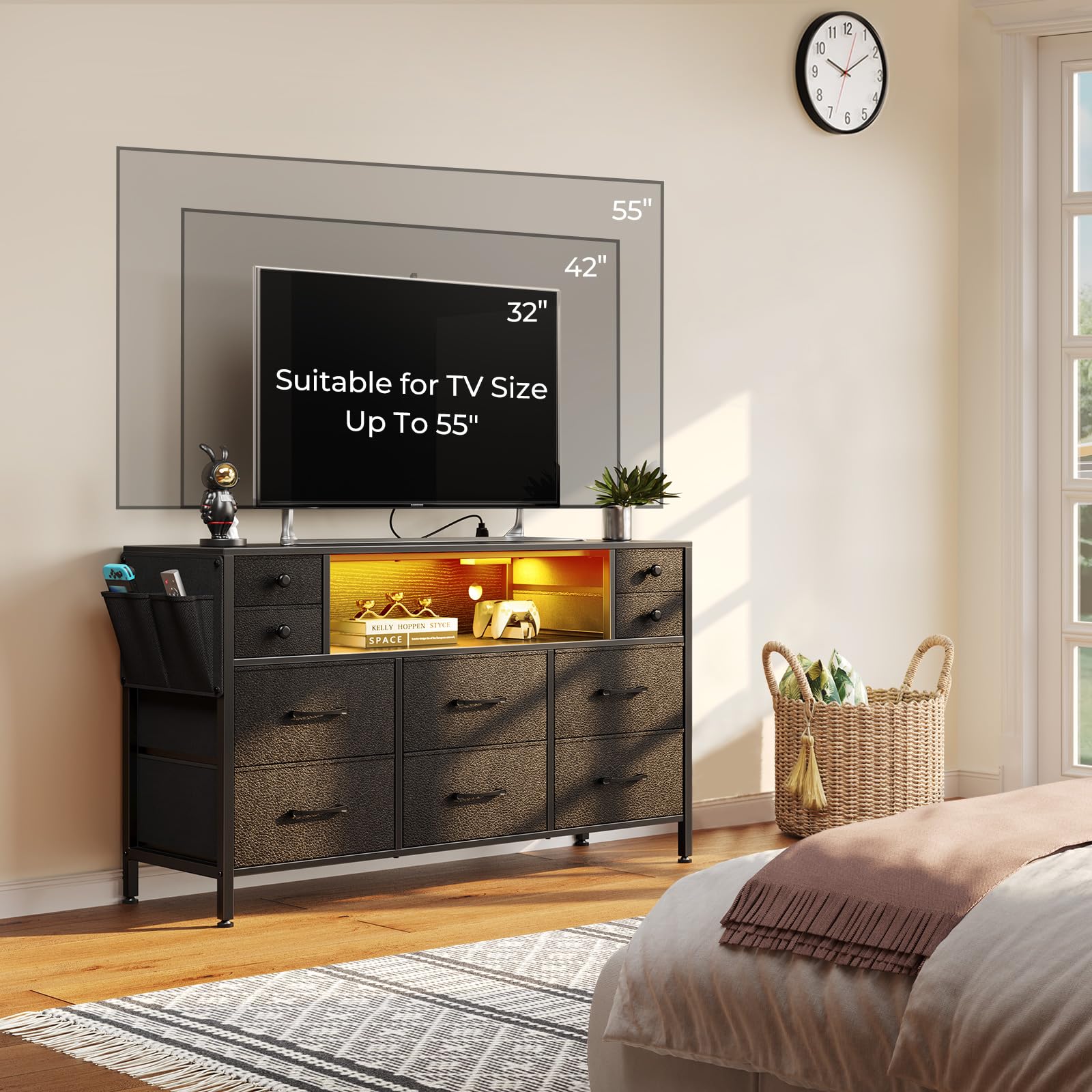 Dresser with Power Outlets and LED Lights, 10 Drawers Dresser