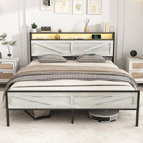 LED Full Size Bed Frame with Charging Station, Platform Metal Headboard Storage