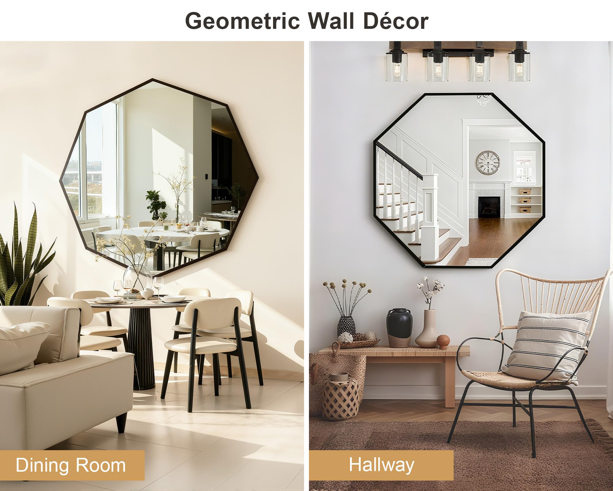 24 Inch Octagon Mirror Black Metal Frame Wall Mounted