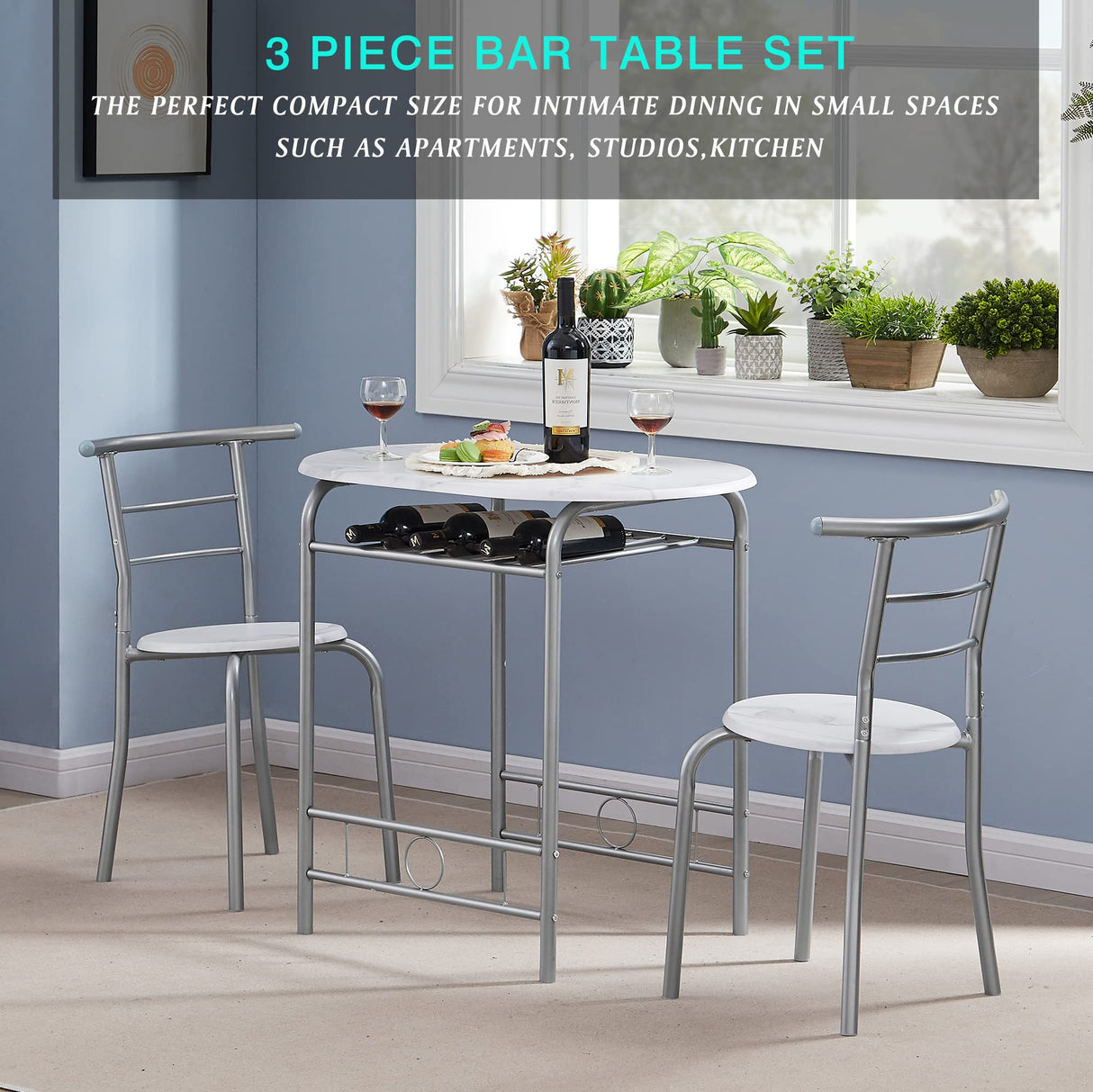 3 Piece Small Round Dining Table Set for Kitchen Breakfast Nook