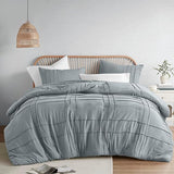 Grey Queen Comforter Set - 3 Pieces Pintuck Pleated Farmhouse Bedding