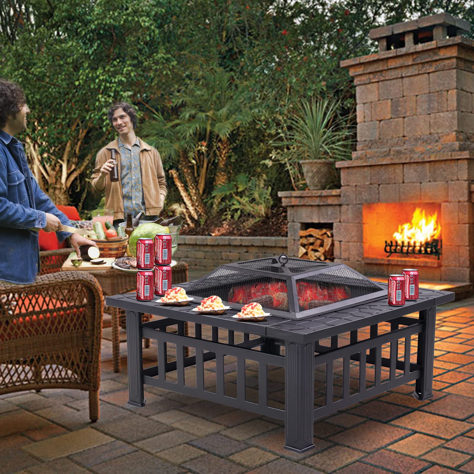 Redeo Outdoor Fire Pit Wood Burning Square FirePit for Outside Backyard Heating BBQ Drink Lawn Decoration (32 Inch)