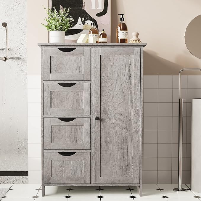 Bathroom Floor Cabinet, Bathroom Cabinet, Storage Cabinet with 4 Drawers and Adjustable Shelf for Entryway Storage,