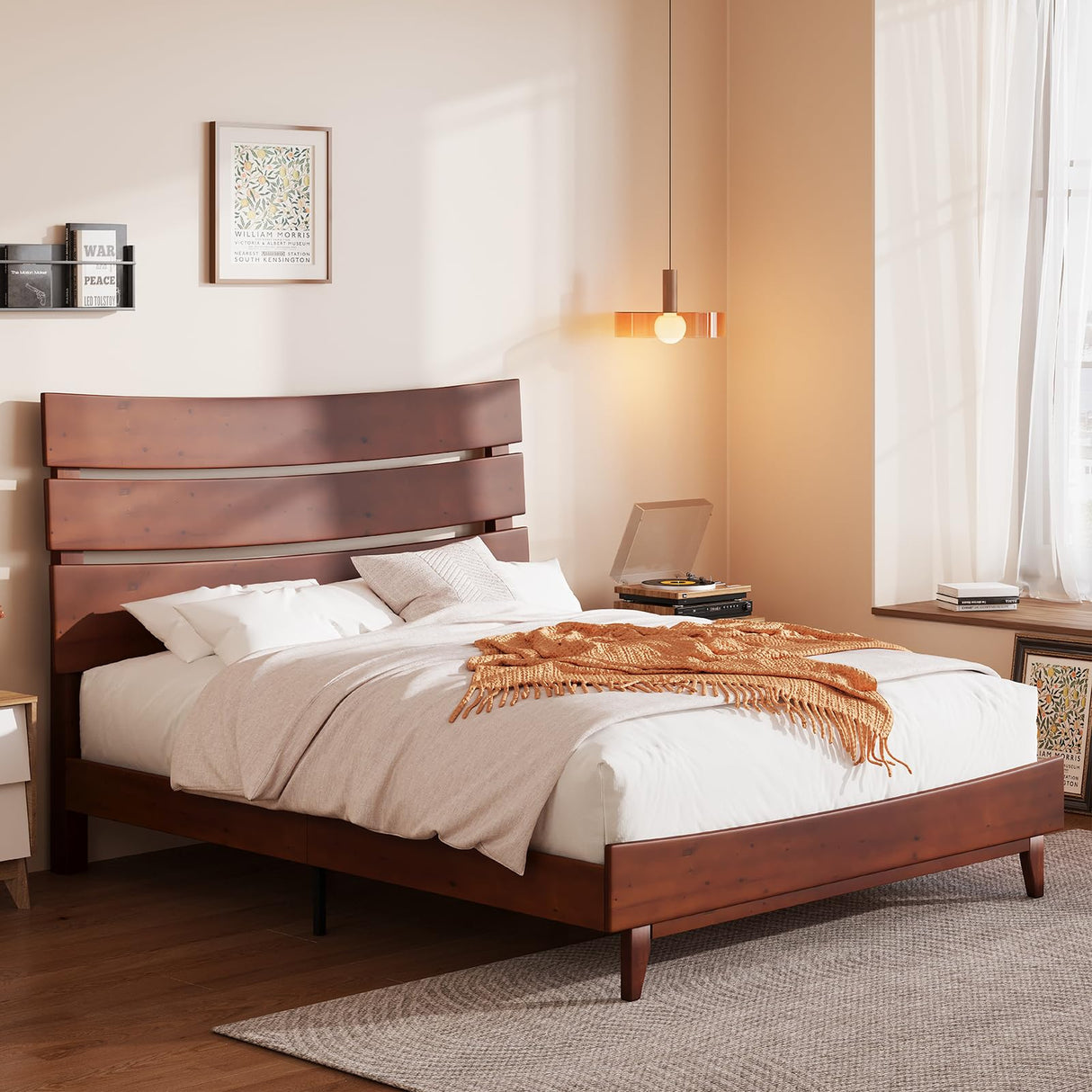 AMERLIFE Queen Size Solid Wood Platform Bed Frame with Wooden Headboard,