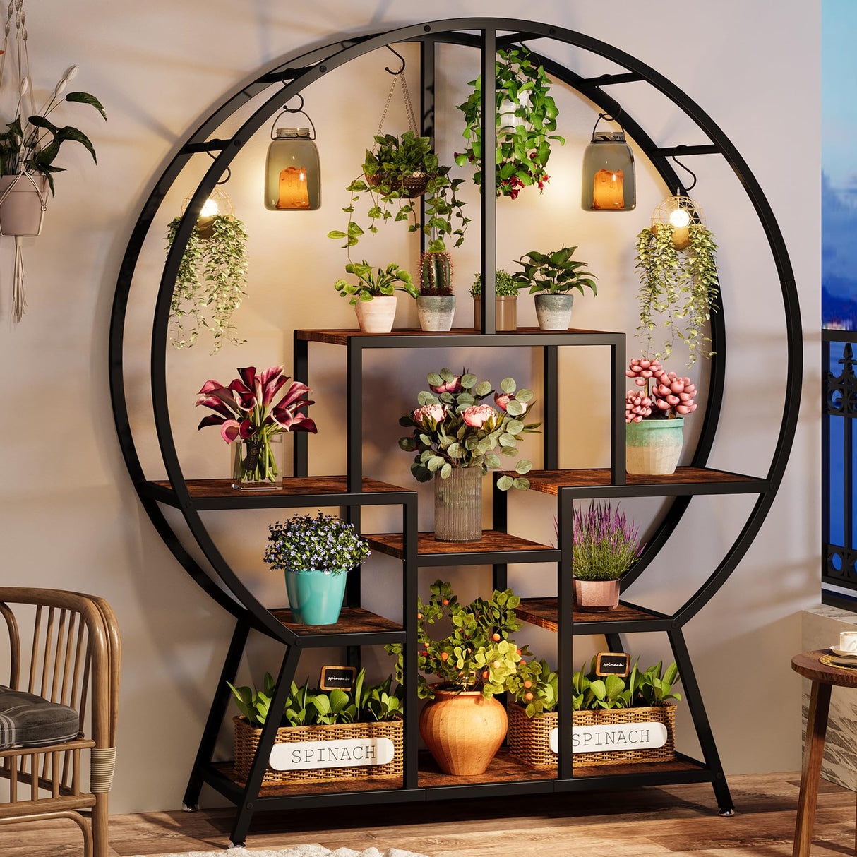 7-Tier Round Indoor Plant Stand, 65" Large Tall Plant Shelf with 6 S Hanging Hooks