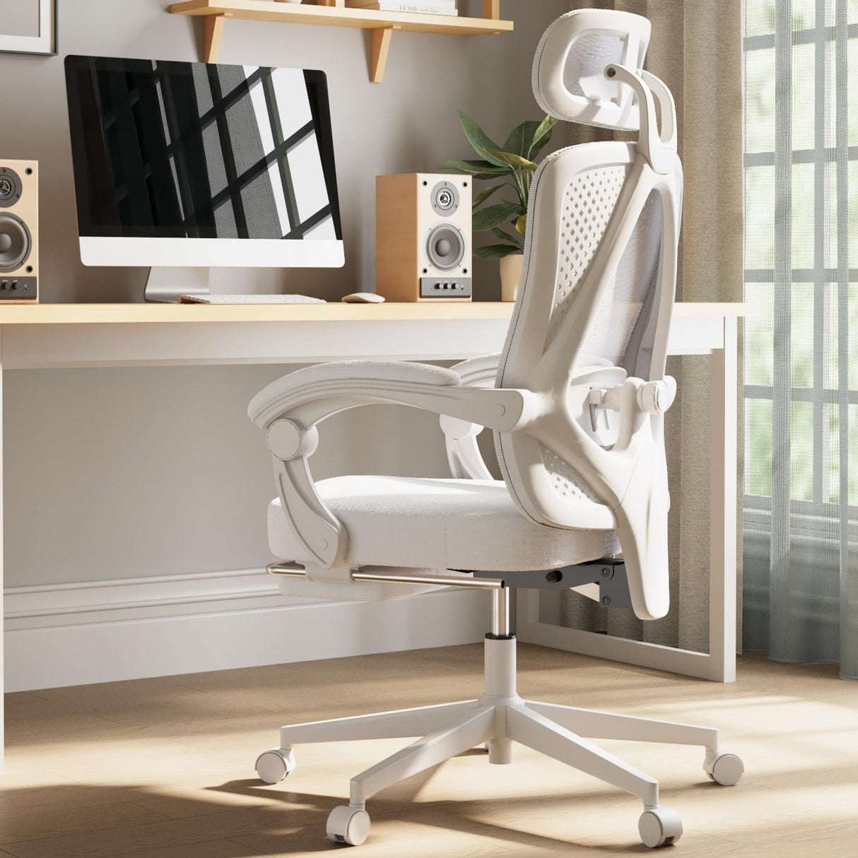 Dowinx Ergonomic Office Chair,Breathable Mesh Computer Chair with Pocket Spring Cushion,Comfy Desk Chair with Adjustable Lumbar Support and Headrest,Steel Base Swivel Task Chair with Footrest,White