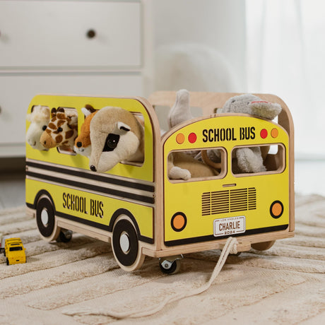 Kids Toy Storage Organizer - School Bus Wooden Toy Box for Boys with Wheels Baby