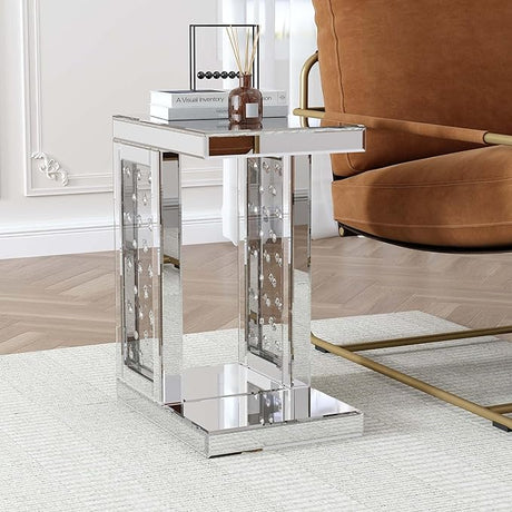 Mirrored End Table with Crystal Inlay, Square Modern Side Table Silver Accent Table