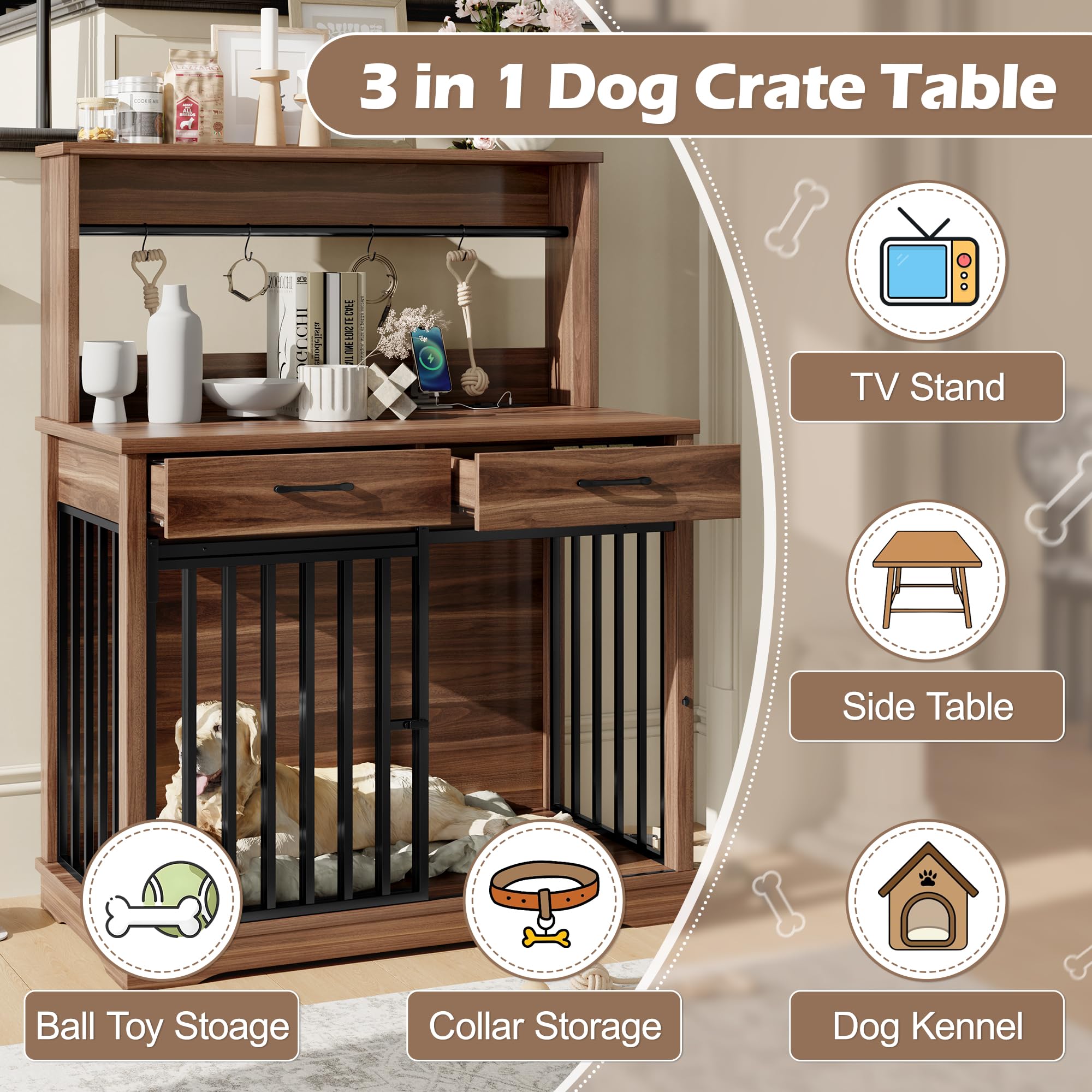 Modern Dog Crate Furniture with Charging Station - 38 Inch