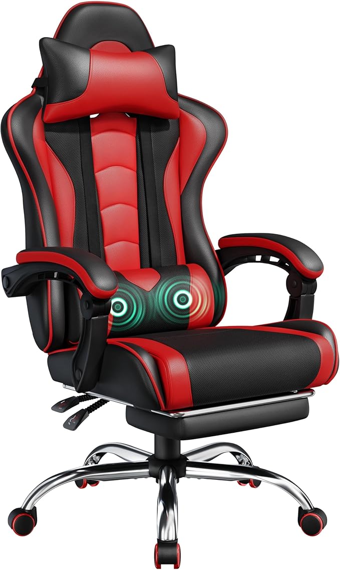 Gaming Chair, Video Game Chair with Massage Lumbar Support and Footrest Height