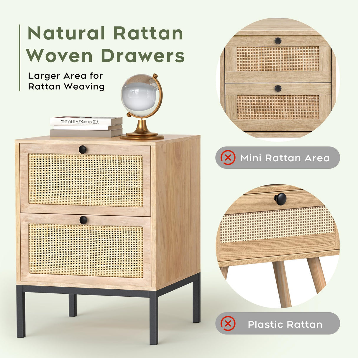 Nightstands Set of 2, Rattan Nightstand with Drawers, End Table, Bedside Table Set of 2