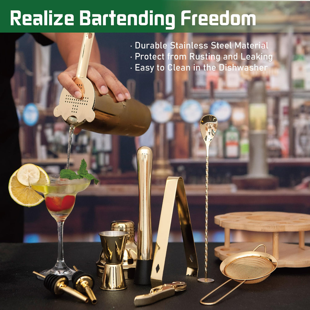 Cocktail Shaker Set Bartender Kit with Rotating Bamboo Stand,11 Piece Bar Set