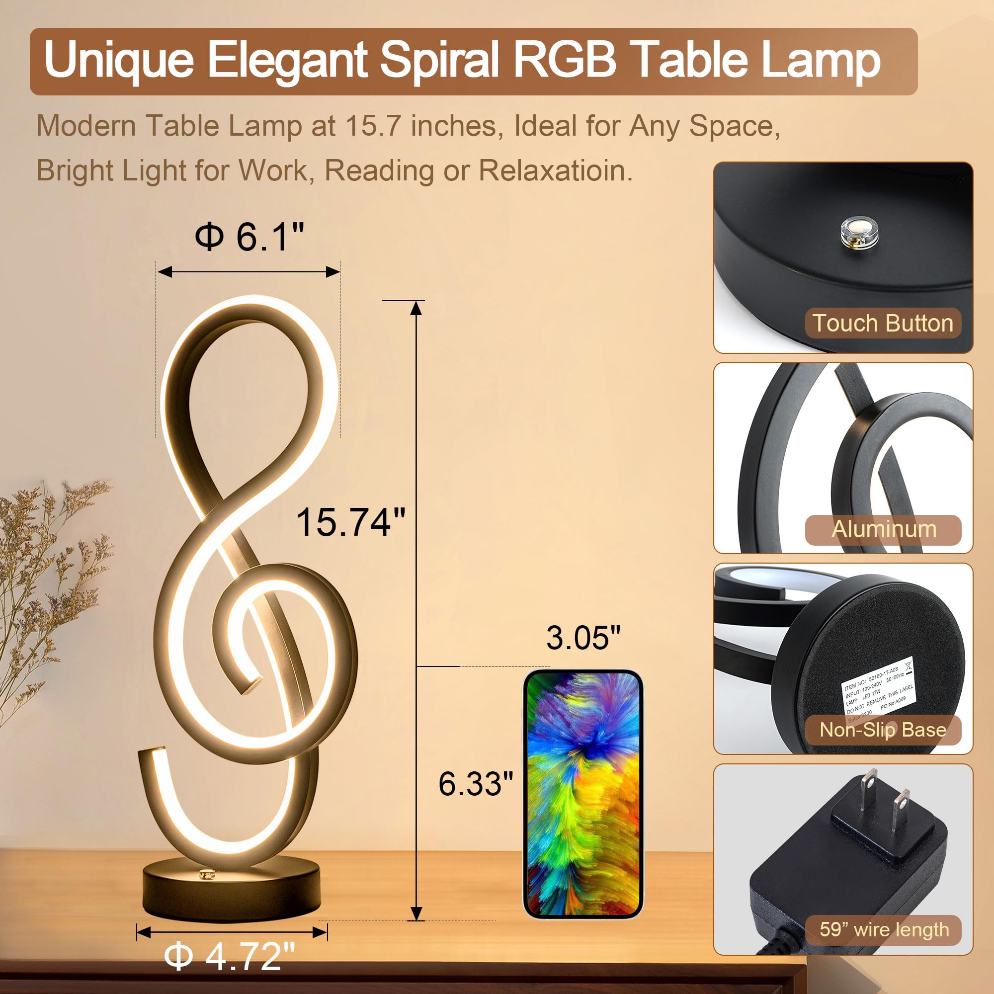 RGB Modern Table Lamp, LED Spiral Lamp with Music Note Design, Black Bedside Lamp