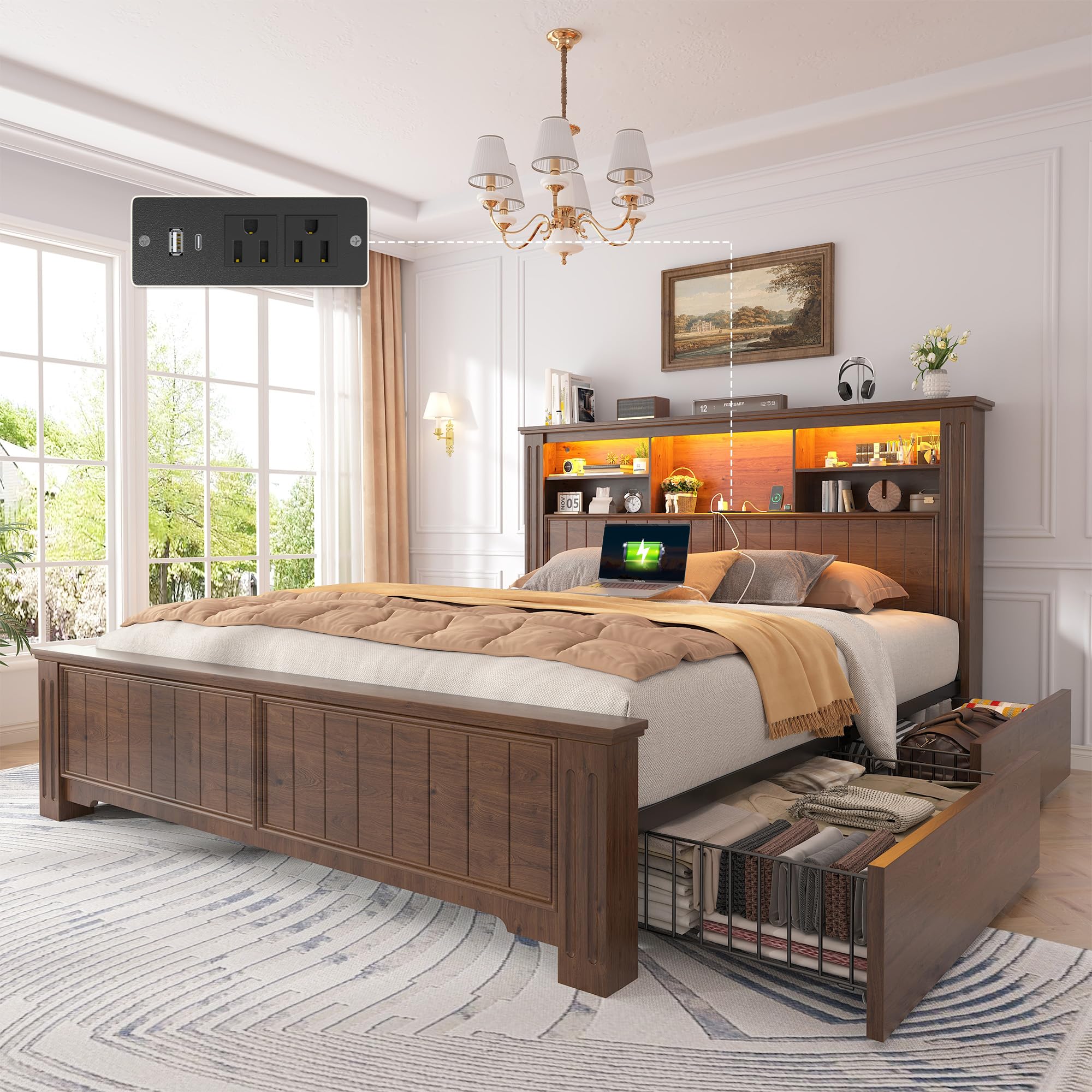 e Bed Frame with Headboard, Full Bed Frame with 4 Drawers USB & LED, Farmhouse