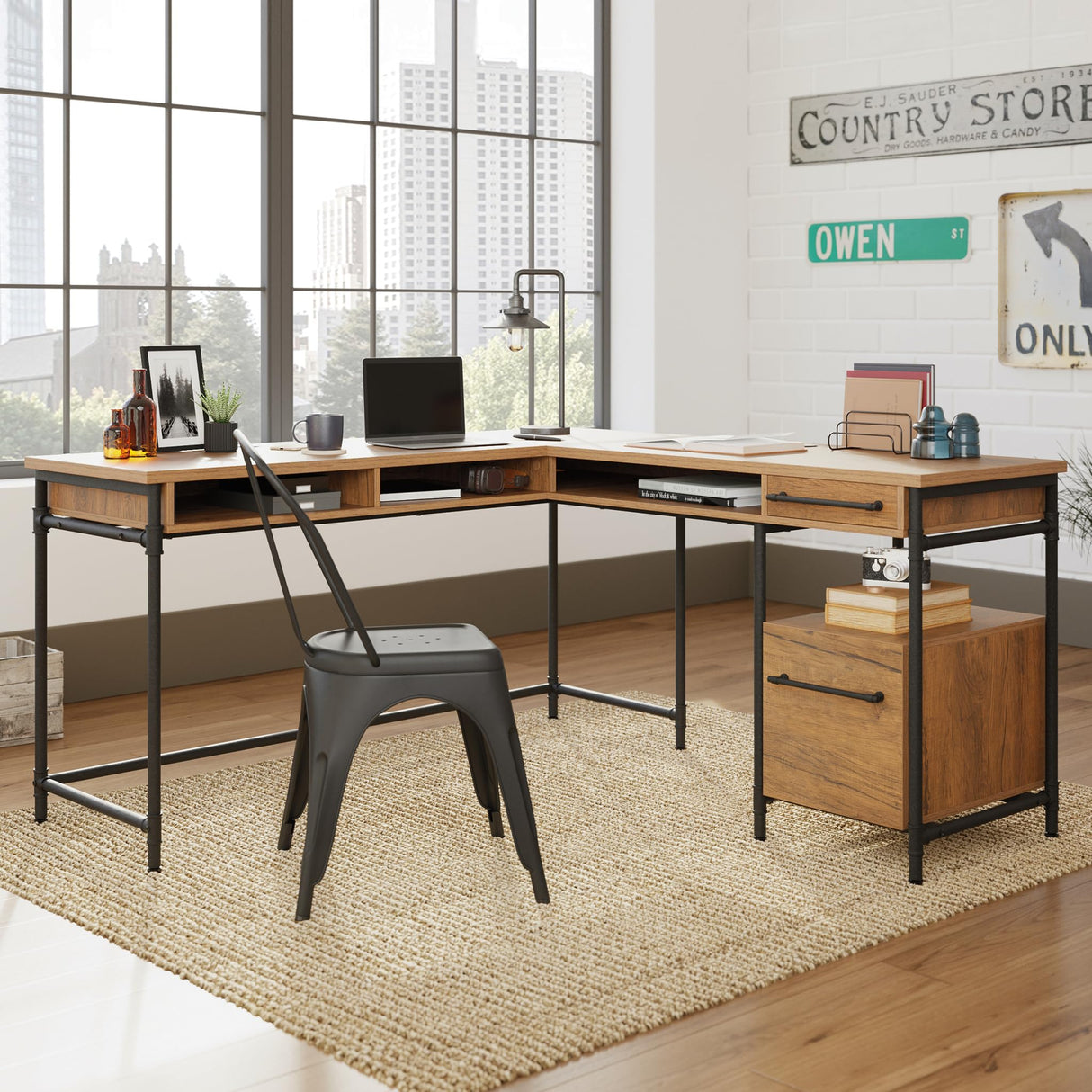 Iron City L-Desk, L: 60.00" x W: 60.00" x H: 30.00", Checked Oak Finish