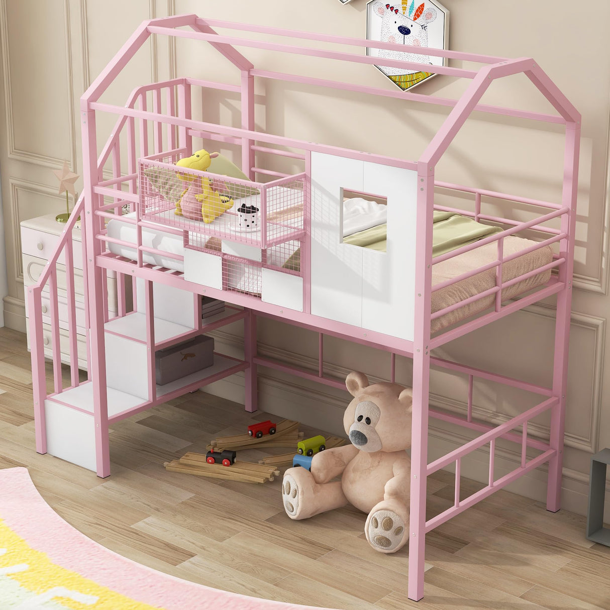 Twin Loft Bed with Stairs, Roof, Window and Full-Length Guardrail, House Loft Bed/Heavy