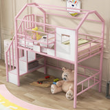 Twin Loft Bed with Stairs, Roof, Window and Full-Length Guardrail, House Loft Bed/Heavy