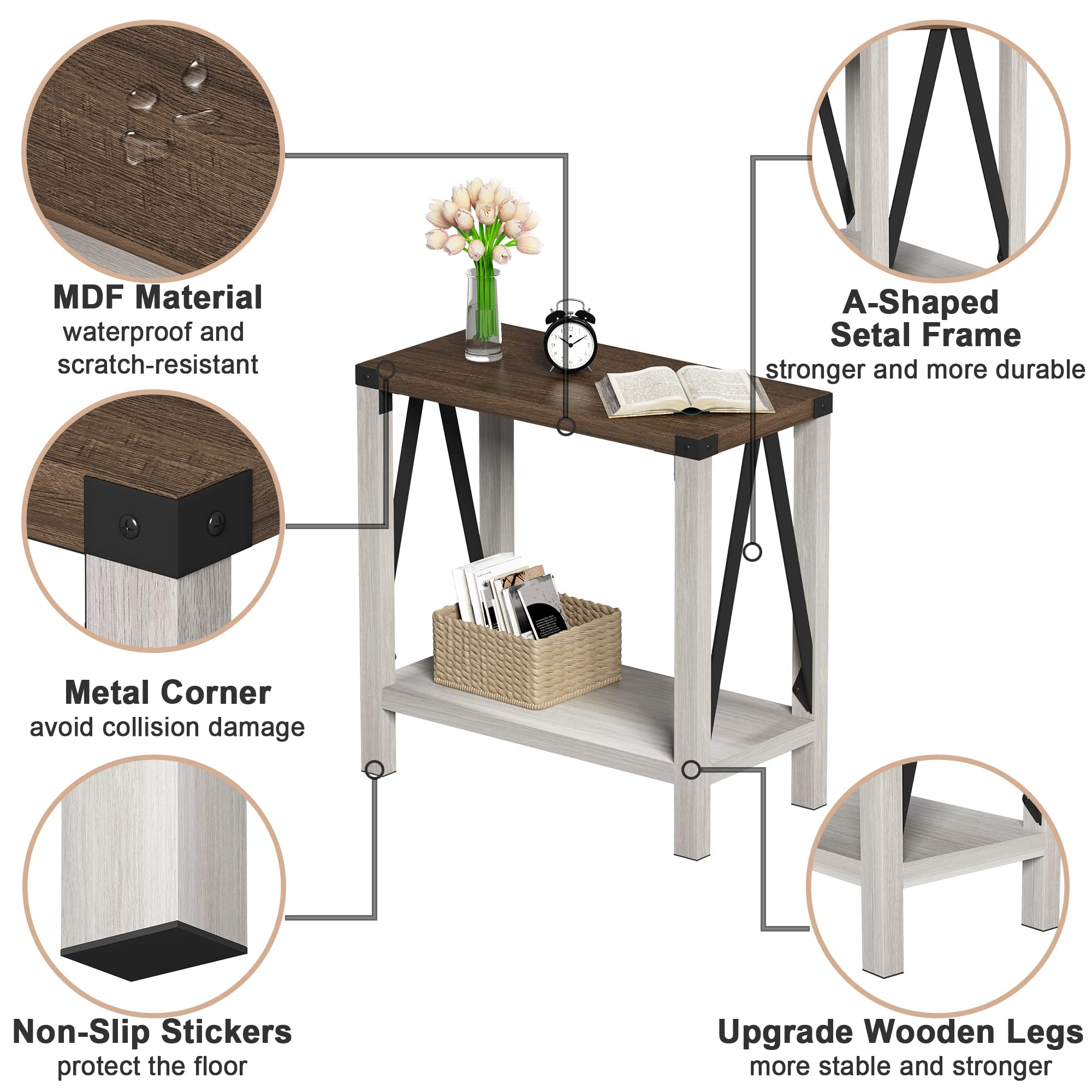 Farmhouse End Table for Small Spaces, Narrow side End table with Storage Shelf