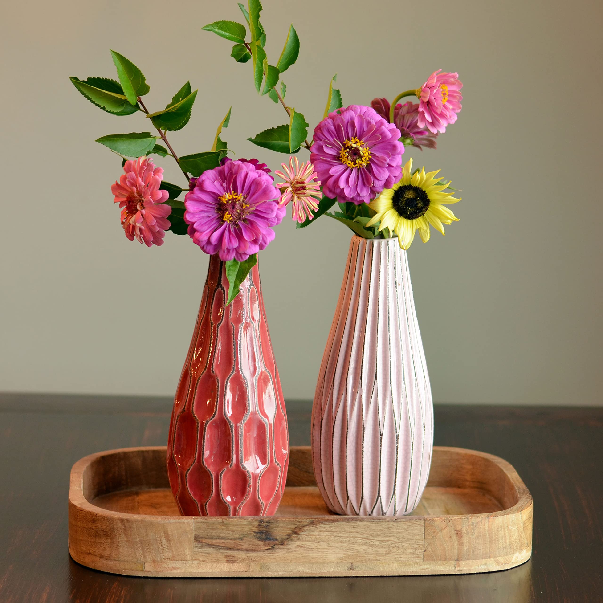 Iconic Scandi Vases, Set of 2, Fluted, Pink, Mauve and Dusty Rose, Crackle Suffused,