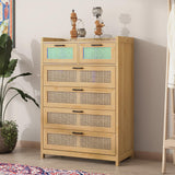 6 Drawer Dresser for Bedroom, Rattan Chest of Drawers with LED Lights, Wood Storage