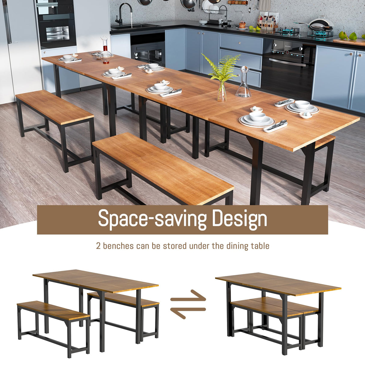 TOLEAD 63 Inch Dining Table Set for 4-8, 3-Piece Extendable Kitchen Table Set with 2 Benches, Metal Frame & Wood Board, Space-Saving Breakfast Dining Room Table Set for Home Kitchen, Walnut