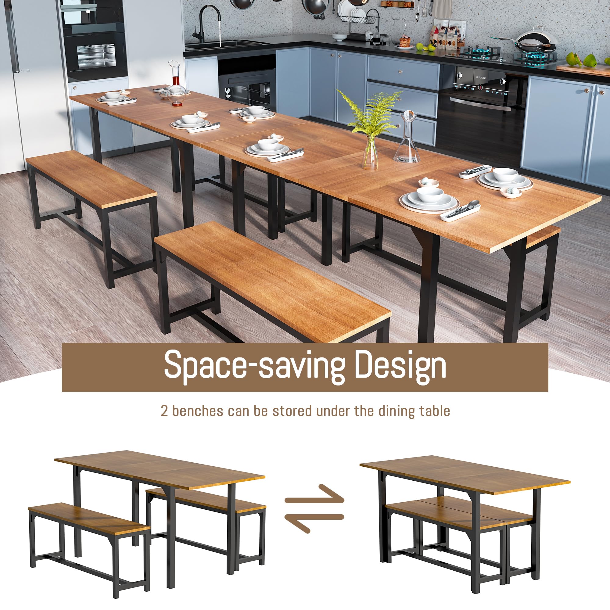 TOLEAD 63 Inch Dining Table Set for 4-8, 3-Piece Extendable Kitchen Table Set with 2 Benches, Metal Frame & Wood Board, Space-Saving Breakfast Dining Room Table Set for Home Kitchen, Walnut