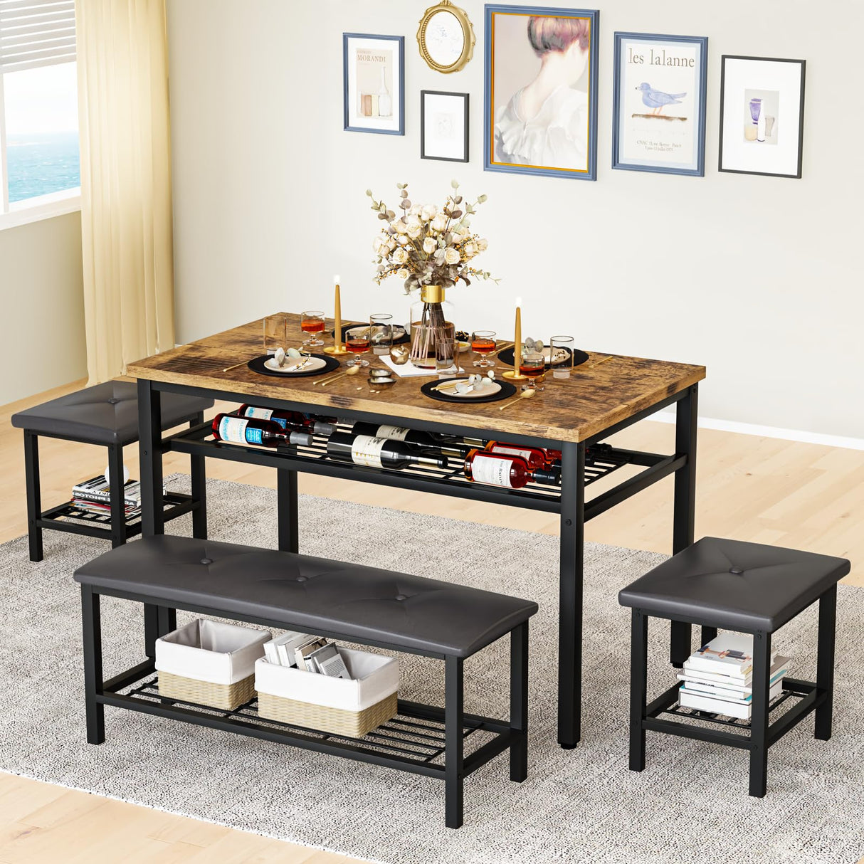 Kitchen Tables Set for 4, Rectangular Dining Room Table Set with Bench and Stools, 4