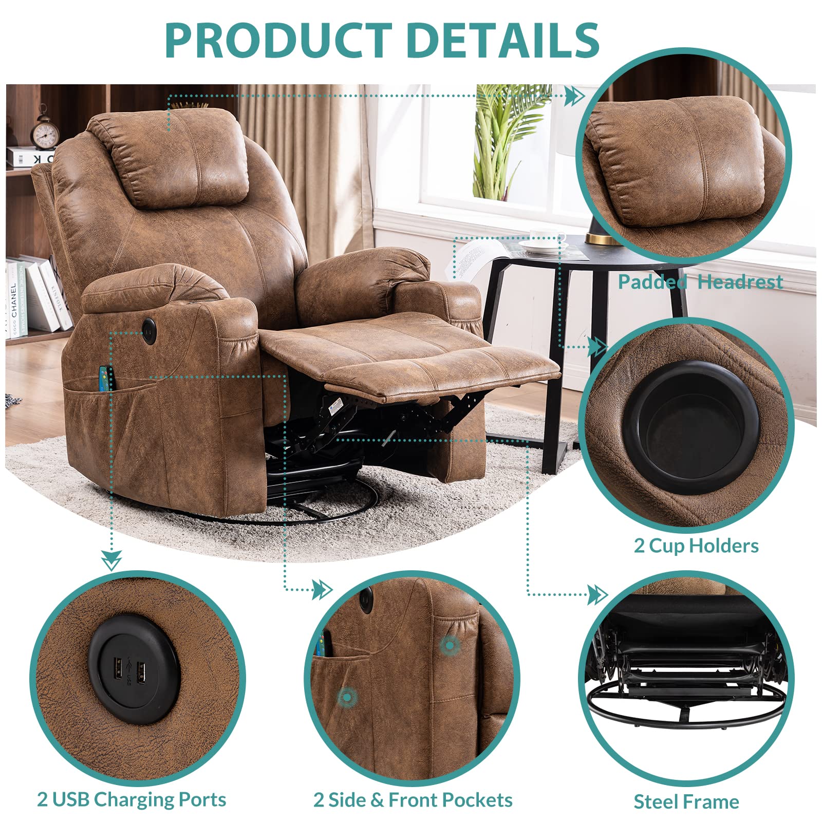MeetWarm Swivel Massage Recliner – Bronzing Suede, Heat, USB, Cup Holders