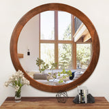 Round Mirrors 30 Inch,Wood Vanity Wall Rustic Mirror with Walnut Frame, Wooden Mirror