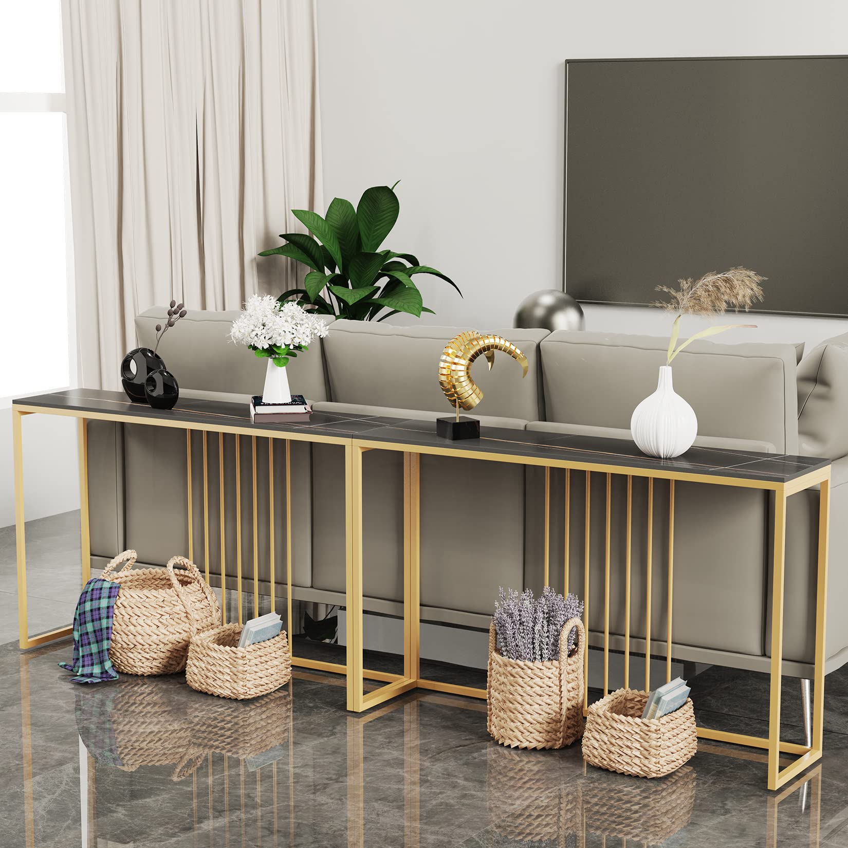 Sintered Stone Entryway Console Table: Black Marble Tabletop Long Table