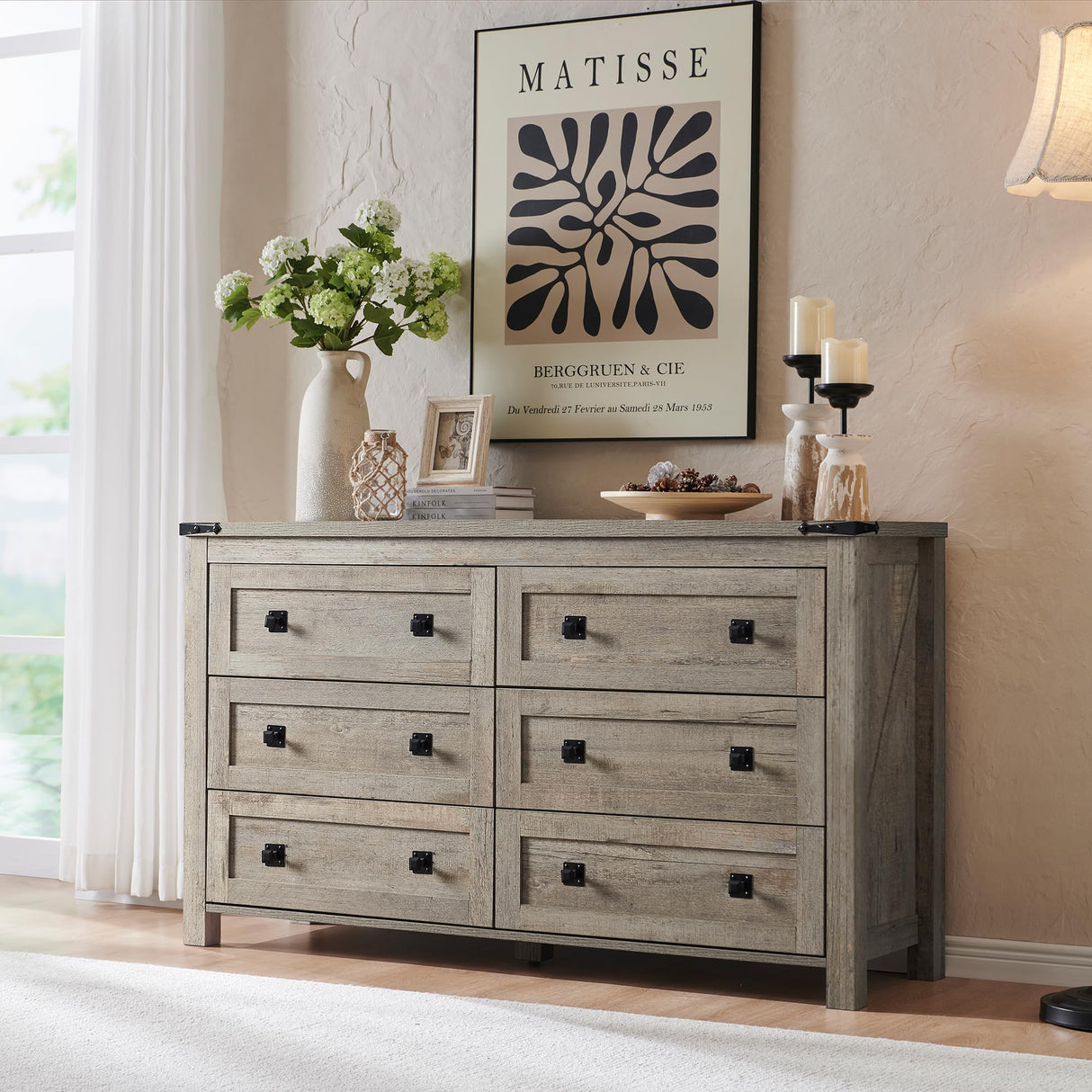 Farmhouse 6 Drawers Dresser for Bedroom, Wood Rustic Wide Chest of Drawers