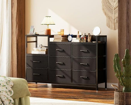 Dresser for Bedroom with Charging Station, 52" Long Dresser with 8 Storage Drawers, Large Fabric Dressers Chests of Drawers with Shelves, Black and Vintage