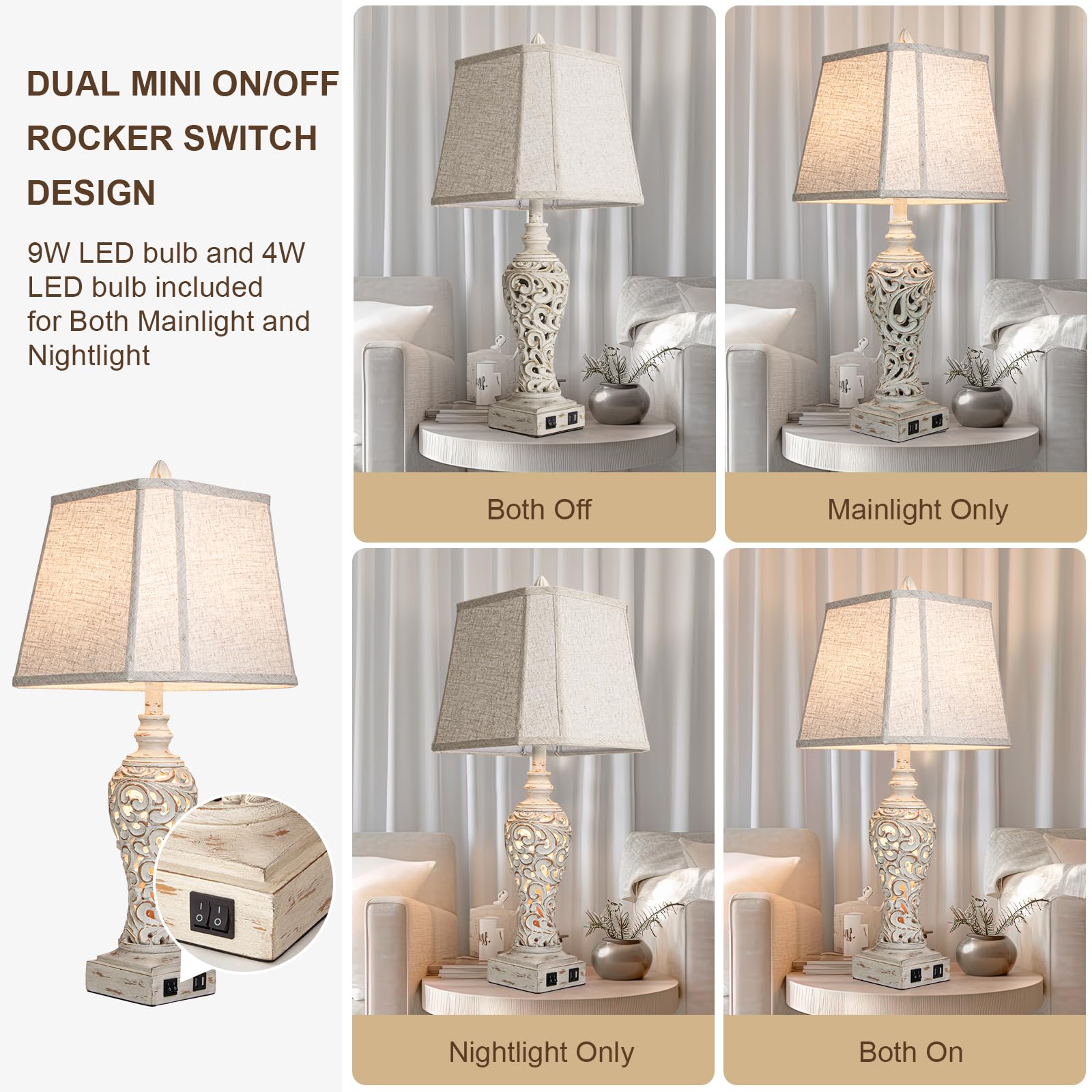 27'' High Vintage Table Lamp Set of 2 for Living Room Farmhouse Bedside Lamp with Fabric Shades Boho Nightstand Lamp with USB and Nightlight for Bedroom Home Office Hotel Bar (Led Bulb Included)