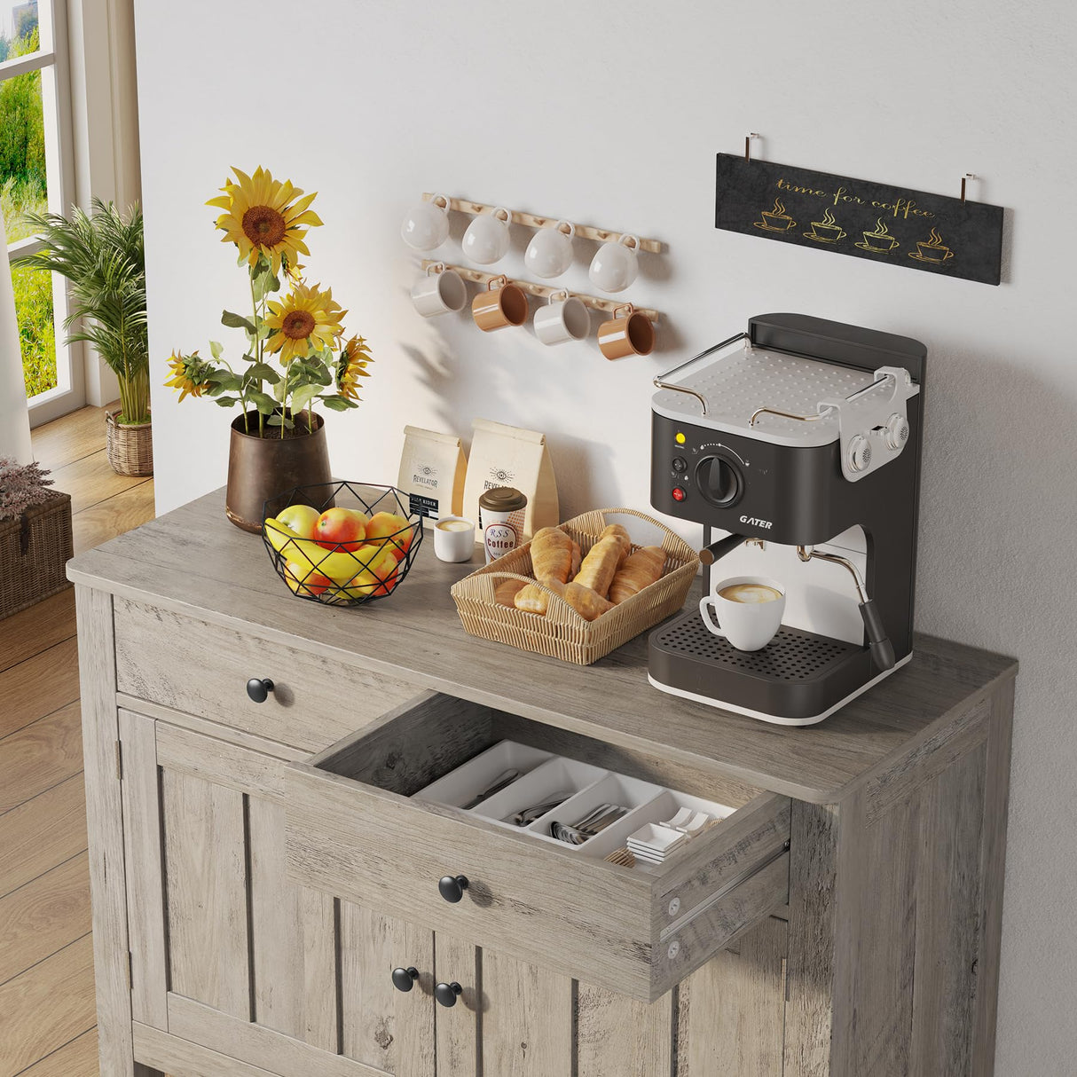 Buffet Sideboard Cabinet with Storage, 33.5''H Farmhouse Coffee Bar with 2 Cabinets and 2 Drawers,