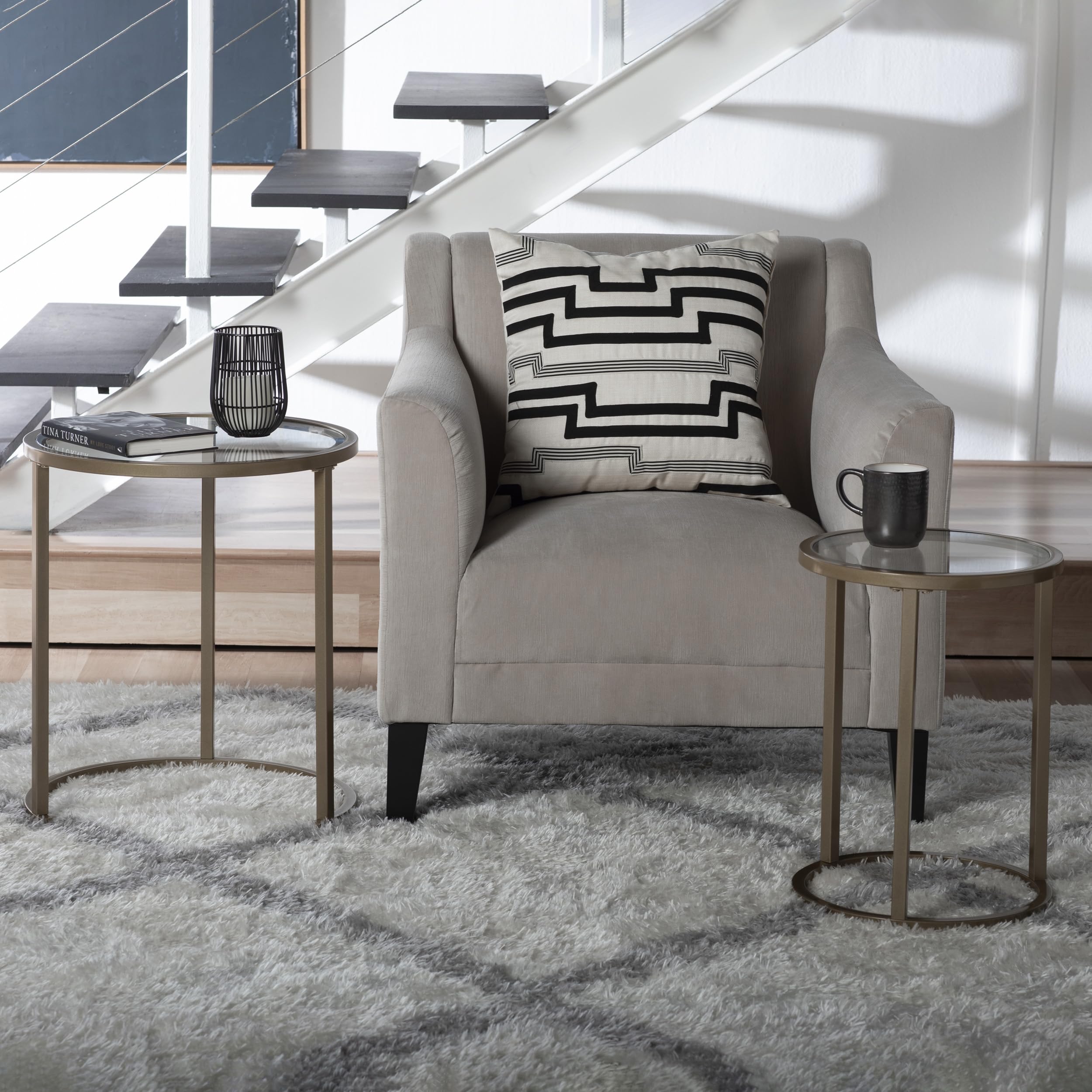 Studio Designs Home Camber Nesting Metal and Glass End Table Set, Round 19.5" and 14.5"