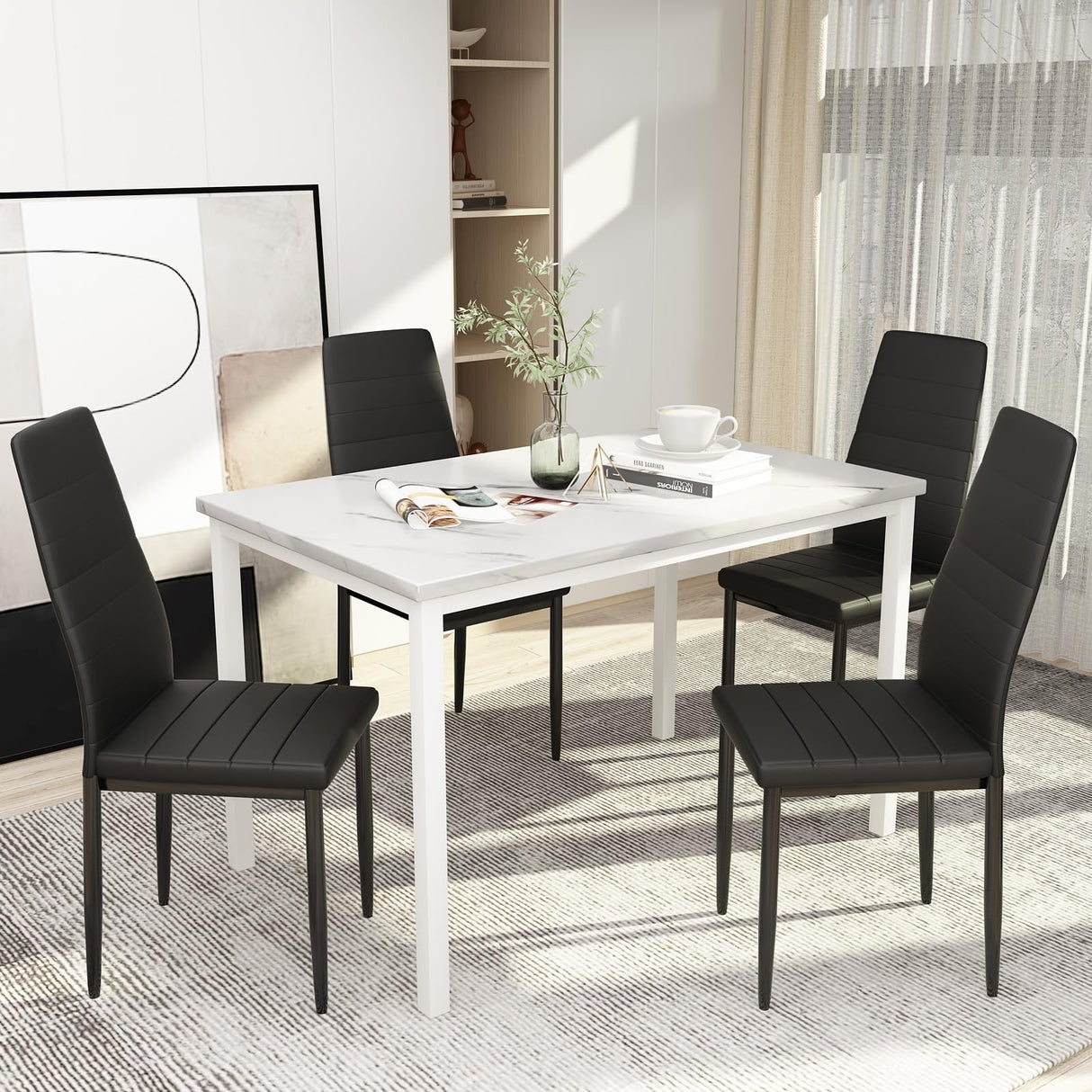 Dinning Table Sets for 4, 5 Piece Dining Room Table Set with PU Leather Chairs