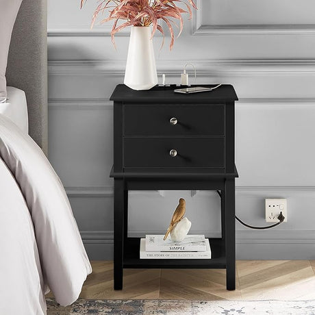 White Nightstand 2 Drawers and Storage Shelf, 28" High Bedroom Night Stand