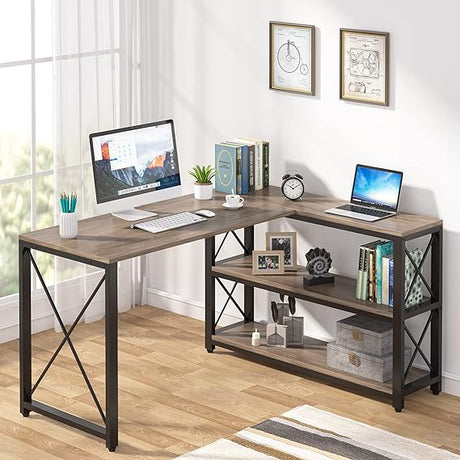 Industrial L-Shaped Desk with Storage Shelves