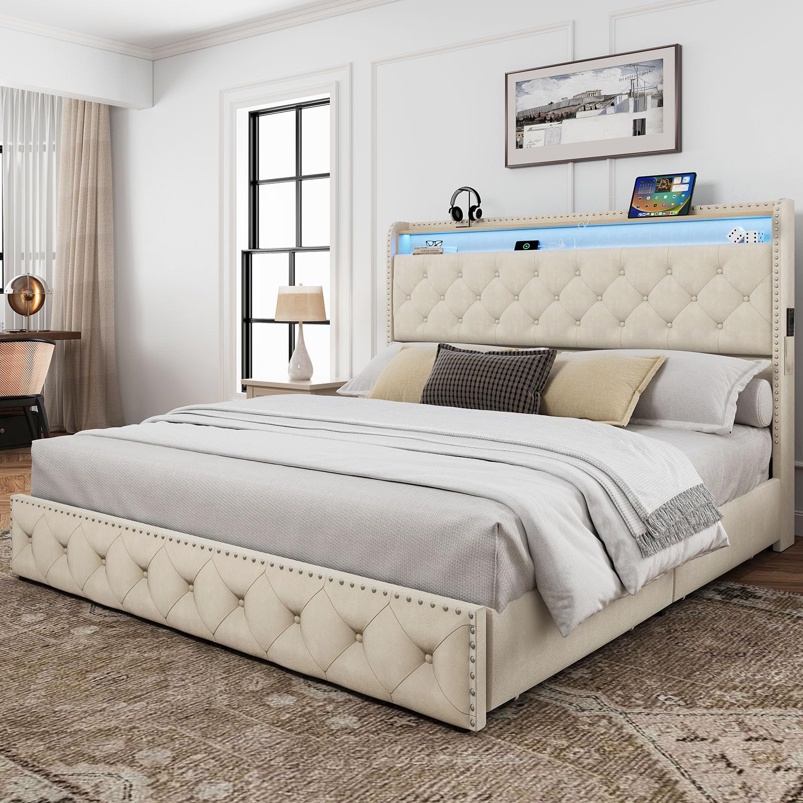 King Size Bed Frame with LED Lights & USB Charging Station