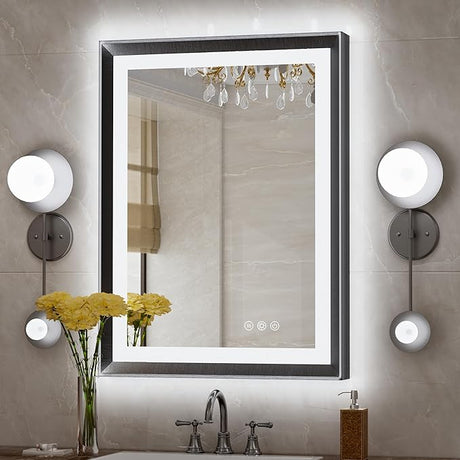 Black 36x36 Inch LED Bathroom Vanity Mirror with Front Lights Backlit Aluminum Alloy Frame Rectangle Beveled Edge